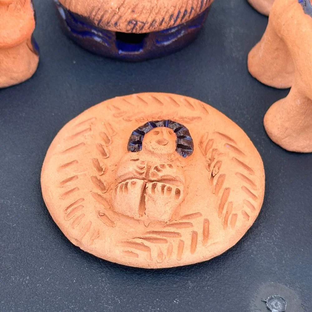Blue Glaze Terrracota Mexican Nativity Set Folk Art Hand Painted Pottery 11 Pcs